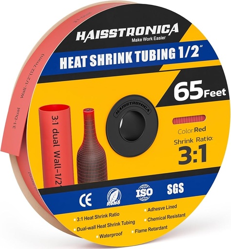 Haisstronica Dual Wall Heat Shrink Tubing 1/2", 3:1, 65 ft, Red / Термоусадочная трубка двухслойная 1/2", 3:1, 65 ft, красная