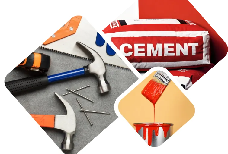 Construction materials including cement bags, hammers, nails, and red paint symbolizing E-Delivery’s all-in-one online build hub for partners in the UAE.